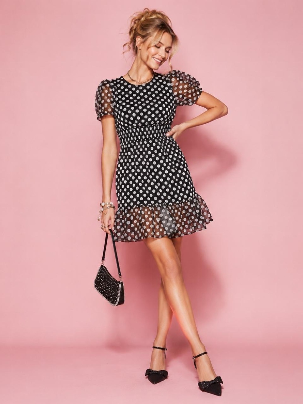 Betsey Johnson Black and baby pink Polka Dot Puff Sleeve Mini Dress